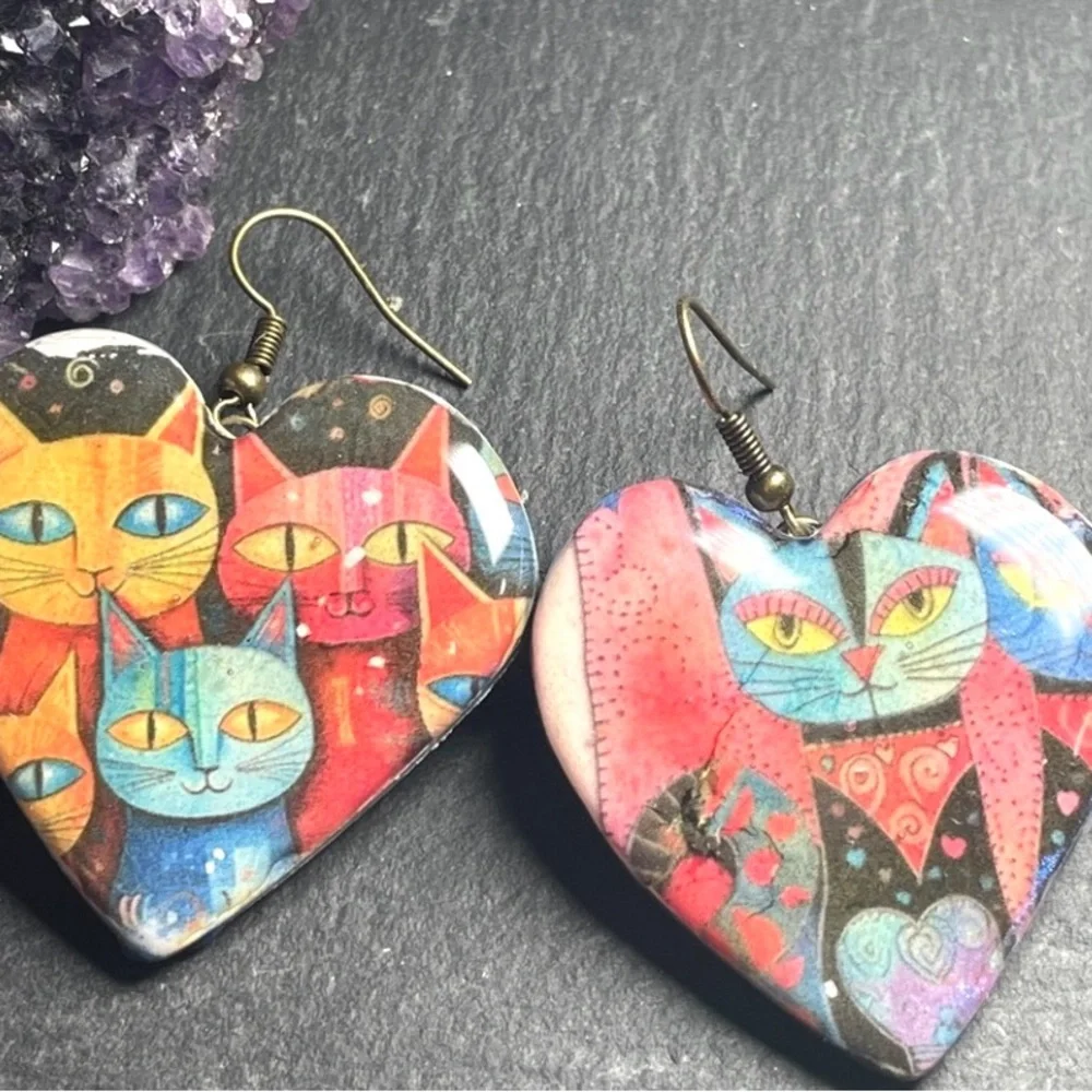 Laurel Burch Inspired Colorful Cat Heart Handmade Clay Earrings